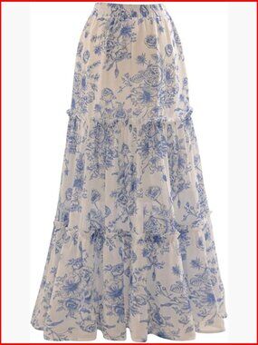 Polyester Maxi Skirt High Rise Tiered Ruffled Flowy Boho Ankle Length